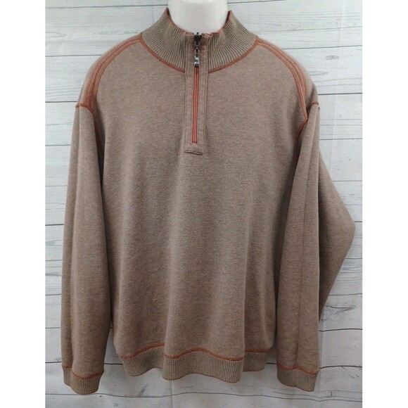 Tommy Bahama Men Orange Rust Brown Crochet Sweater Jacket Henley 1/4 Zip Sz XL - Picture 1 of 10